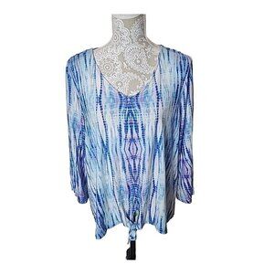 Chico's Top Blue Tie Front Tie Dye Vneck 3/4 Sleeve Women's XL